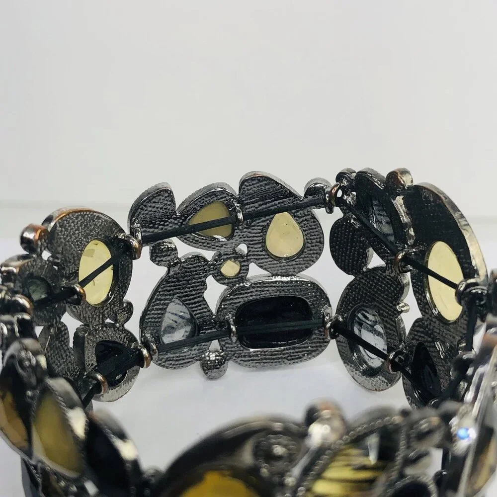 Lia Sophia Y2K Stretch Cuff Bracelet Crystals Cabochons Black Honey Gold Stones